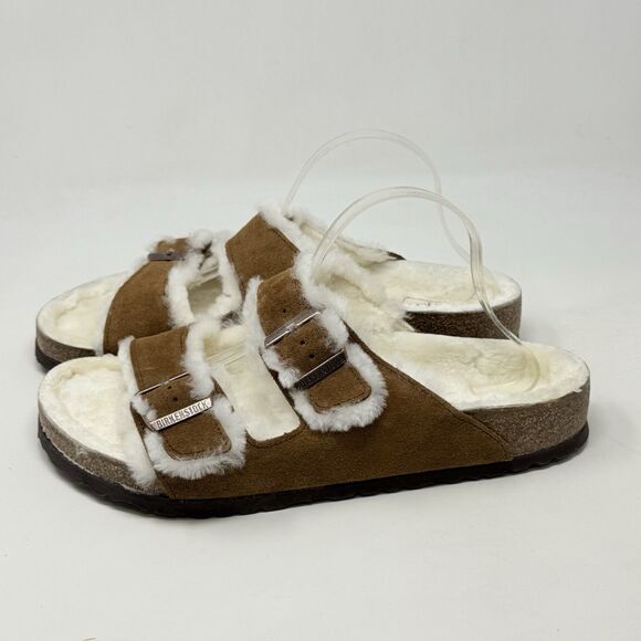 Birkenstock Arizona Shearling Sandals Mens 12 EU 45 Brown Suede 2 Strap Shoes main image 10